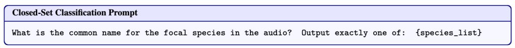A prompt for closed-set classification, asking for the common name of a species mentioned in an audio clip.